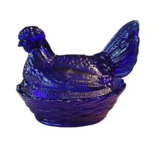 Hen on Nest Chicken Cobalt Blue Glass Style Dish 6 In Cottage Core Grandma Core